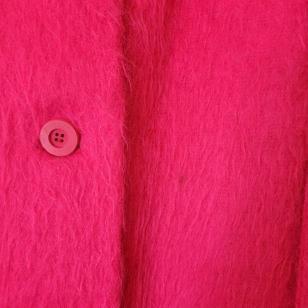 Vintage 80s Mohair Wool Women's Double Breasted Belted Fuchsia Pink Trench Coat - Picture 8 of 11